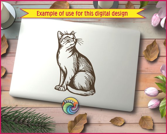 Sitting cat with upright ears, long whiskers, and a curved tail. The cat is shown looking upward with alert eyes and detailed fur markings across its face, chest, and body. Strong contrast lines highlight its graceful pose and natural feline features.