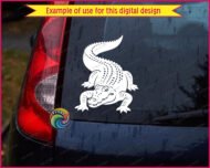 Black silhouette image of a toothy grinning crocodile with serious swagger! This bold silhouette features a chunky gator body with four powerful clawed feet planted firmly on the ground. His scaly back has eye-catching white dotted patterns running along his ridged spine and magnificent curved tail. Those sharp triangular teeth create quite the smile! The crocodile's snout has playful curved details while his bumpy textured skin adds dimension.