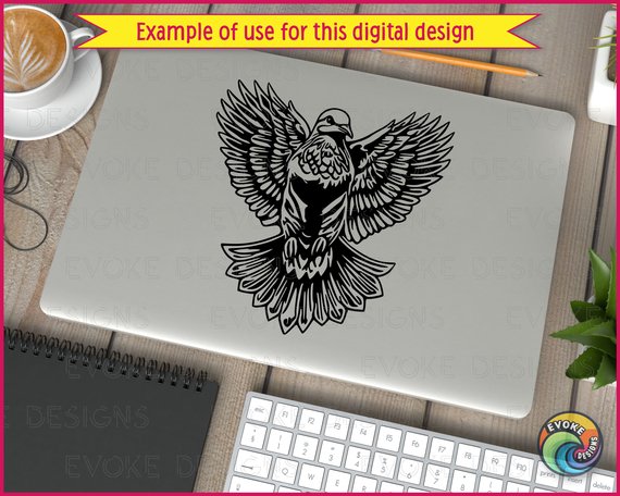 Black silhouette image of a dove with its wings fully spread, symbolizing peace and freedom. This dove’s form is elegant and serene, with smooth lines and graceful curves. Feathers are subtly detailed, adding depth while maintaining the simplicity and clarity of the bold silhouette style.