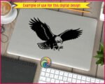 Black silhouette image of a fierce eagle in mid-flight with wings fully spread and talons extended, ready to strike. The sharp lines and strong contrast highlight the bird’s powerful beak, detailed feathers, and intense expression.
