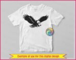 Black silhouette image of a fierce eagle in mid-flight with wings fully spread and talons extended, ready to strike. The sharp lines and strong contrast highlight the bird’s powerful beak, detailed feathers, and intense expression.