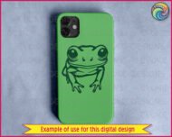 Black silhouette image of a tree frog with smooth and rounded head, large protruding eyes, a slightly pointed snout, small nostrils, and a wide, curved mouth.