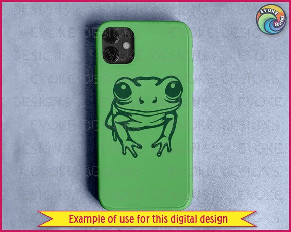 Black silhouette image of a tree frog with smooth and rounded head, large protruding eyes, a slightly pointed snout, small nostrils, and a wide, curved mouth.