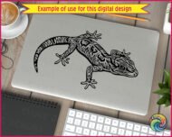 Black silhouette image of a crested gecko with a detailed body, bold markings, long curved tail, large eye, and spread toes in a climbing pose. The gecko's body is decorated with striking patterns and markings that flow across the lizard’s skin, giving it texture and movement. The clean, sharp lines of this vector svg make the gecko both detailed and easy to cut, ensuring smooth edges and a polished look.