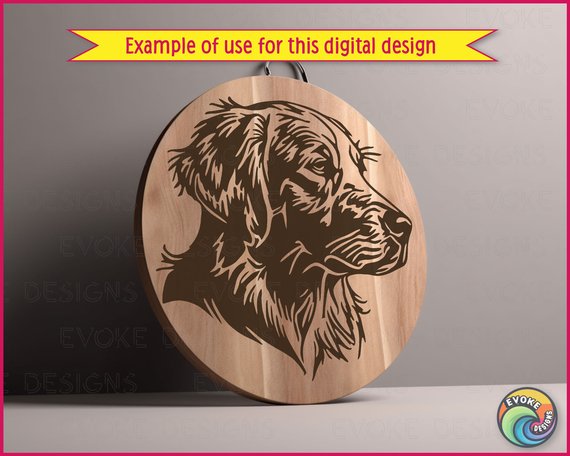 Black silhouette image of a pawsitively gorgeous golden retriever face digital design with the fluffiest fur! This loyal dog design features a noble retriever head in profile with flowing shaggy coat, gentle eyes, and that sweet dog nose. The golden retriever silhouette showcases detailed furry texture, floppy ears, and the kind expression that makes goldens the world's favorite dog breed. Black and white retriever portrait with beautiful flowing fur details and peaceful side profile. This good boy brings all the puppy love!