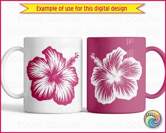 Black silhouette image of a hibiscus flower, featuring five large rounded petals with textured detail and smooth edges, a prominent central stamen extending outward, and small detailed anthers. The bold design captures the tropical beauty and distinct shape of the hibiscus blossom.