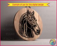 Silhouette image of a horse’s head in profile. The horse has a strong, arched neck, a well-defined jawline, and a long, straight muzzle. Its ears are upright and alert, and the mane flows gently along the neck. Clean lines and bold shapes capture the horse’s graceful, powerful form.