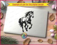 A magnificent galloping horse springing to life with windswept mane flowing like ribbons in the breeze! This bold horse silhouette captures pure equestrian energy - muscular legs thundering forward, tail streaming behind, powerful neck arched in graceful motion. Every detail pops: dramatic flowing mane strands, strong hooves mid-gallop, athletic body in full stride. This high-contrast galloping stallion silhouette design radiates wild horse spirit and untamed beauty!