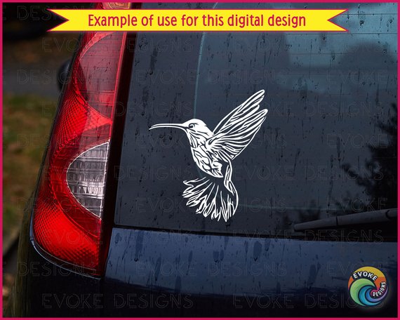 Black silhouette image of a graceful hummingbird in mid-hover with outstretched wings showing amazing feather detail. Long, elegant beak perfect for sipping nectar! Intricate wing patterns showcase each delicate feather, while the bird's chest displays beautiful textured markings. Tail feathers fan out in full glory! Bold black and white contrast highlights every tiny detail - from the pointed bill to wing tips. This majestic little flyer radiates that magical hummingbird energy!