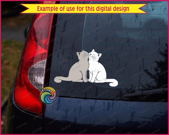 Black silhouette image of two sweet black cats sitting side by side, touching noses in the most adorable kitty kiss! This charming cat silhouette features two feline friends with perked-up ears, long whiskers, and fluffy tails curled beside them. The cats are shown in a tender moment of cat love and affection. Perfect black cat clipart with clean lines and beautiful detail in the whiskers and ear tufts.