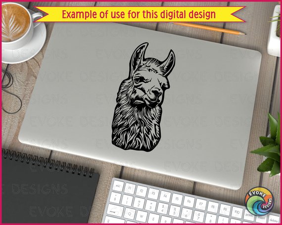 Black silhouette image of a fuzzy llama face with the fluffiest fur ever! This adorable alpaca design features a sweet llama head with perky ears, gentle eyes, and that signature llama smile. This farm animal silhouette showcases detailed fluffy texture, soft nose, and those cute pointy ears that make llamas so lovable. Black and white llama portrait with shaggy fur details and friendly expression.