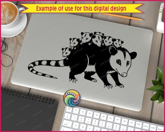 Black silhouette image of the sweetest marsupial mama! This charming opossum vector image features a loving mother possum with her precious babies clinging to her back. The design showcases beautiful contrasted artwork with the mama opossum's distinctive pointed snout, bright expressive eyes, and her signature striped tail curving gracefully. Seven adorable baby opossums nestle along her back, each with their own sweet faces and tiny paws. The silhouette style highlights every whisker, fur tuft, and claw in stunning detail.