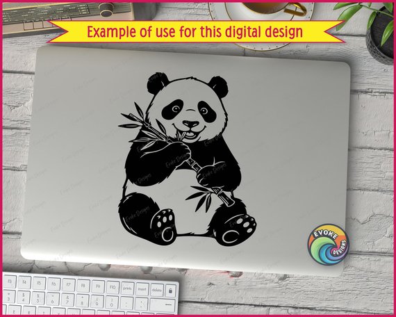 Black silhouette image of a charming black and white panda bear sitting contentedly munching delicious bamboo stalks. Our smiling panda holds bamboo shoots in both paws, looking absolutely delighted with its favorite snack. Features adorable details like round fluffy ears, distinctive panda eye patches, a sweet button nose, and precious paw prints on its feet. The sitting panda pose shows this gentle giant in its natural bamboo-eating bliss, with leafy bamboo branches perfect for crafting.