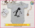 Black silhouette image of a penguin design in a clean vector style. The penguin is shown standing upright with its flippers slightly extended outward, capturing a natural and lifelike pose. The body has a smooth, rounded shape with clear contrast between the dark back and flippers and the lighter belly. Fine detailing in the feathers around the head, wings, and feet adds texture while keeping the overall silhouette simple and striking. The beak is pointed forward, giving the penguin a confident stance, while the webbed feet are clearly defined at the base. The high-contrast black and white layout highlights the classic penguin markings, making the design visually bold and eye-catching.