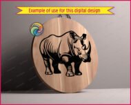 Black silhouette image of a magnificent rhino in all his chunky glory! This striking black and white rhinoceros design features powerful details: textured skin folds, distinctive double horns, sturdy tree-trunk legs, and expressive character. Our rhino stands proud with beautiful line work showing his thick hide, muscular shoulders, and iconic horn.