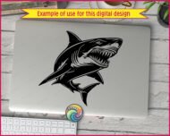 Black silhouette image of a powerful great white shark twisting mid-swim with jaws wide open, showing rows of sharp triangular teeth ready to chomp. Bold silhouette shapes and crisp highlights carve out the muscular body, strong fins, curved tail, and intense eye. The dramatic silhouette feels fast, wild, and fearless, like a shark charging through deep blue water. Clean lines and high contrast give this shark SVG a striking, tattoo-style look that really bites.