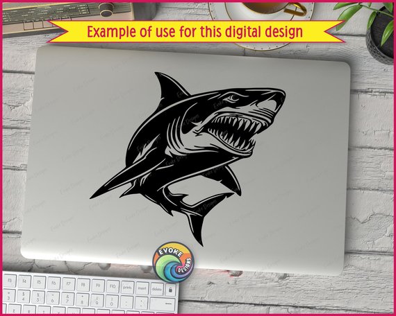 Black silhouette image of a powerful great white shark twisting mid-swim with jaws wide open, showing rows of sharp triangular teeth ready to chomp. Bold silhouette shapes and crisp highlights carve out the muscular body, strong fins, curved tail, and intense eye. The dramatic silhouette feels fast, wild, and fearless, like a shark charging through deep blue water. Clean lines and high contrast give this shark SVG a striking, tattoo-style look that really bites.