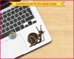 Digital image of a silhouette of a happy little snail with long eye stalks, a bright smiling face, and a bold swirling snail shell that curls in a perfect spiral. Smooth lines, cute spots, and a plump little snail body give it a sweet, friendly look.