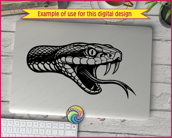 Black silhouette image of a ssssensational snake head with fierce fangs and forked tongue! This bold serpent graphic features detailed scales, menacing reptile eyes, and an open-mouthed viper stance with fangs ready to strike. The rattlesnake-style head showcases intricate scale patterns, sharp cobra-like teeth, and a wickedly cool forked tongue darting out. Bold silhouette style design with texture details that make this predator pop!