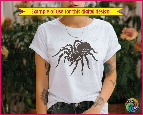 Black silhouette image of a spider with a realistic, striking design. The spider’s body is rounded with a prominent abdomen and a slightly smaller cephalothorax, connected seamlessly. Its eight legs are long, jointed, and angled outward, giving it a lifelike crawling stance. The legs are thick near the body and taper into fine, pointed ends, with carefully defined segments that add depth and texture. The spider’s head is accented with small details suggesting eyes and fangs, enhancing its naturalistic appearance. High-contrast black fills and sharp white highlights emphasize the spider’s shape, contours, and dimensional form, creating a strong, dramatic look.