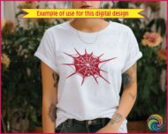 Black silhouette image of a bold, detailed spiderweb with sharp, spiky outer edges radiating outward in all directions. The web is intricately woven with curved, symmetrical lines that draw the eye toward the center. At the bottom of the web, a small spider is lurking, its legs clearly visible as it clings to the threads. The high-contrast silhouette style emphasizes the sharp points and clean lines, giving the spiderweb a striking, dramatic look.