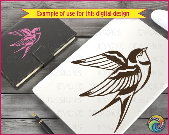 Black silhouette image of a swallow flying, with wings stretched out and a compact body and its tail deeply forked, forming two pointed tips. The bird's head is small with a short beak, and the overall shape is sleek, capturing the swallow’s fast, agile appearance.