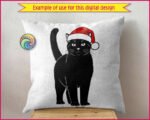 Black silhouette image of a cat wearing a bright red Santa hat with trim and a fluffy pom-pom. The cat stands tall with its tail raised, smooth fur, and expressive outlined eyes, creating a bold contrast.