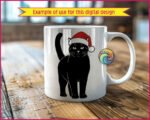 Black silhouette image of a cat wearing a bright red Santa hat with trim and a fluffy pom-pom. The cat stands tall with its tail raised, smooth fur, and expressive outlined eyes, creating a bold contrast.