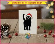 Black silhouette image of a cat wearing a bright red Santa hat with trim and a fluffy pom-pom. The cat stands tall with its tail raised, smooth fur, and expressive outlined eyes, creating a bold contrast.