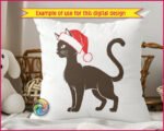 Black image of a silhouette of a cute cat wearing a bright red Santa hat with fluffy white trim and pom-pom detail. The cat stands alert with its tail curled and head turned to the side, giving it a poised, festive look.