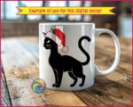 Black image of a silhouette of a cute cat wearing a bright red Santa hat with fluffy white trim and pom-pom detail. The cat stands alert with its tail curled and head turned to the side, giving it a poised, festive look.