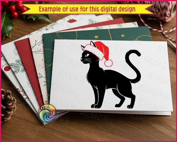 Black image of a silhouette of a cute cat wearing a bright red Santa hat with fluffy white trim and pom-pom detail. The cat stands alert with its tail curled and head turned to the side, giving it a poised, festive look.