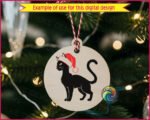 Black image of a silhouette of a cute cat wearing a bright red Santa hat with fluffy white trim and pom-pom detail. The cat stands alert with its tail curled and head turned to the side, giving it a poised, festive look.