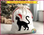 Black image of a silhouette of a cute cat wearing a bright red Santa hat with fluffy white trim and pom-pom detail. The cat stands alert with its tail curled and head turned to the side, giving it a poised, festive look.
