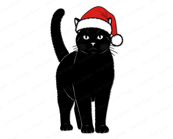 Layered colour image of a Christmas cat standing with a fluffy curled tail and a red and white santa hat on its head. This cat in santa hat design shows a black cat with yellow eyes, pink nose detail, and whiskers, outlined in clean vector lines on a transparent background. A holiday animal theme digital clipart cut file, perfect for svg and png projects, shown in black, red, and white colours with a minimalist silhouette style.