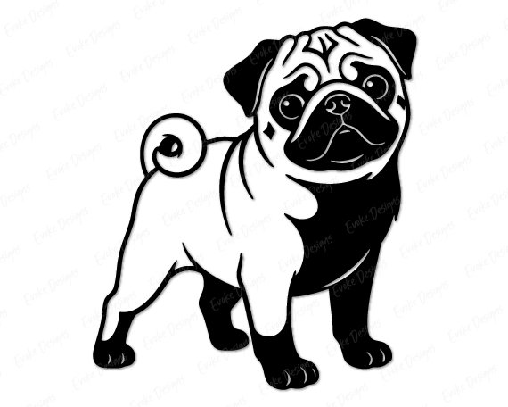 Black silhouette image of a pug dog design with its stout little body, chunky legs, and that classic curly pug tail looping proudly over its back. Big round eyes shine with playful mischief, while the wrinkly forehead, short snout, and floppy ears give this pug a sweet, lovable look. The bold silhouette style uses clean lines and high contrast, making the pug shape strong, cute, and instantly recognizable as a happy pug puppy.