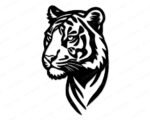 Black silhouette image of a powerful tiger face with piercing eyes, detailed whiskers, elegant stripes, and flowing fur contours. The tiger's intense gaze and commanding presence shine through clean vector-style lines perfect for eye-catching designs. This stunning wild animal art features a side-profile tiger with dramatic shadows and sleek curves that highlight the tiger's natural beauty and strength.