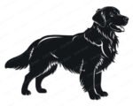 Black silhouette image of a happy golden retriever dog standing proudly in side profile, with fluffy long-haired fur flowing like soft waves, soft fluffy ears, a big goofy grin with tongue lolling out, and a bushy tail swishing with pure joy.