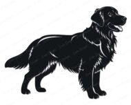 Black silhouette image of a happy golden retriever dog standing proudly in side profile, with fluffy long-haired fur flowing like soft waves, soft fluffy ears, a big goofy grin with tongue lolling out, and a bushy tail swishing with pure joy.