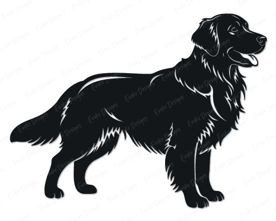 Golden Retriever Black silhouette image of a happy golden retriever dog standing proudly in side profile, with fluffy long-haired fur flowing like soft waves, soft fluffy ears, a big goofy grin with tongue lolling out, and a bushy tail swishing with pure joy.