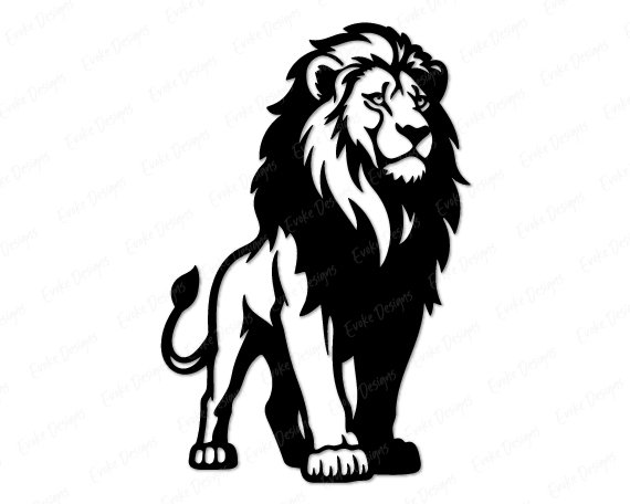 Black silhouette image of a regal lion standing proud and powerful! This stunning lion silhouette features a magnificent flowing mane with dramatic curves and wisps, a noble profile showing strength and courage, muscular lion body with detailed fur texture, strong paws, and an elegant tail with a tuft.