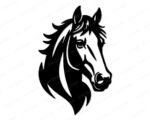 Black silhouette image of a proud and playful horse head design full of strength, spirit, and timeless equine charm. This bold horse head silhouette features a flowing mane with sweeping curves, alert pointed ears, a long elegant face, and a calm confident eye. The high contrast artwork highlights the mane, neck, muzzle, and noble profile with clean crisp lines. This equestrian design feels wild yet friendly, strong yet graceful, and makes a beautiful symbol for the 2026 Year of the Horse.