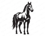 Black silhouette image of a graceful horse standing tall and proud with clever cutouts that highlight strong muscles a flowing mane tossed by the wind perky ears listening for adventure a long swishing tail and powerful legs poised for a gallop. This delightful horse vector captures the beauty of a thoroughbred the spirit of a wild mustang the sweetness of a pony and the majesty of a stallion all in one charming digital file.