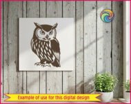 Black silhouette image of a majestic great horned owl standing proud with huge round piercing eyes that sparkle with wise secrets, striking tufted ears perked high like little horns, a fierce hooked beak ready for clever hoots, intricate layered feather patterns in dramatic contrasting fills and negative space, fluffy facial disk framing those mesmerizing owl eyes, textured wing hints and strong taloned feet all in classic barn owl meets eagle owl style that owl lovers and night creature fans will hoot over.