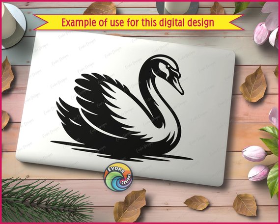 Black silhouette image of a elegant black swan SVG featuring beautiful flowing feathers, a graceful curved neck, and a lovely long beak. The majestic swan design shows detailed wing feathers fanned out beautifully, with rippling water beneath this stunning water bird. This beautiful swan clipart has clean lines and bold contrast, making it a fantastic swan design for any project. The sophisticated swan shape captures nature's grace in one striking image.