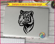 Black silhouette image of a powerful tiger face with piercing eyes, detailed whiskers, elegant stripes, and flowing fur contours. The tiger's intense gaze and commanding presence shine through clean vector-style lines perfect for eye-catching designs. This stunning wild animal art features a side-profile tiger with dramatic shadows and sleek curves that highlight the tiger's natural beauty and strength.