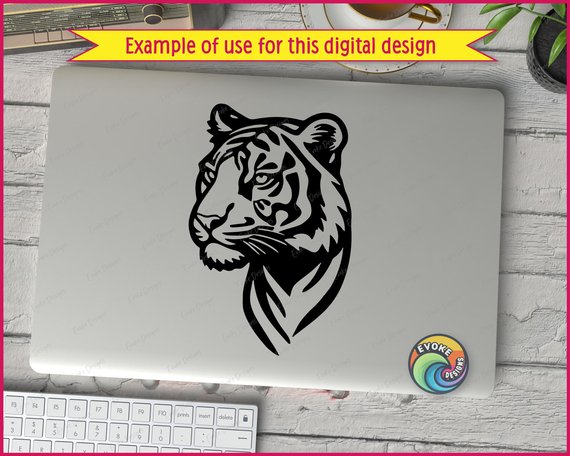 Black silhouette image of a powerful tiger face with piercing eyes, detailed whiskers, elegant stripes, and flowing fur contours. The tiger's intense gaze and commanding presence shine through clean vector-style lines perfect for eye-catching designs. This stunning wild animal art features a side-profile tiger with dramatic shadows and sleek curves that highlight the tiger's natural beauty and strength.