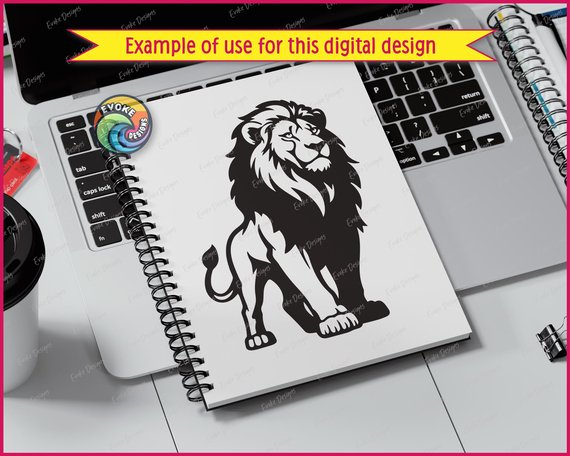 Black silhouette image of a regal lion standing proud and powerful! This stunning lion silhouette features a magnificent flowing mane with dramatic curves and wisps, a noble profile showing strength and courage, muscular lion body with detailed fur texture, strong paws, and an elegant tail with a tuft.