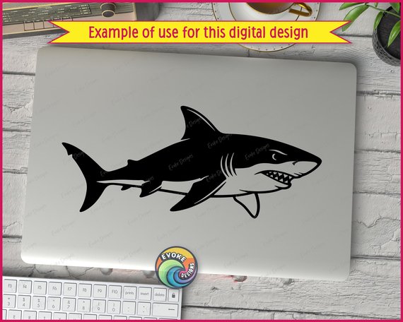 Black silhouette image of a fierce shark with sharp triangular teeth grinning wide, powerful tail fin swooshing behind this ocean predator! This bold shark vector design shows sleek body, pointed dorsal fin, curved pectoral fins, and dramatic gill slits. This toothy great white style shark has that classic sea creature smile that makes him look ready to swim right off your project!