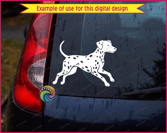 Black silhouette image of a playful dalmatian dog showcasing the iconic dog breed in a dynamic running pose, captured mid-stride with pure energy. The silhouette style dalmatian design features authentic spotted coat pattern with distinctive oval spots scattered across the sleek body, long curved tail, and athletic legs. Clean vector-style artwork highlights the dalmatian's noble profile, pointed ears, and muscular build that made this firehouse mascot famous.